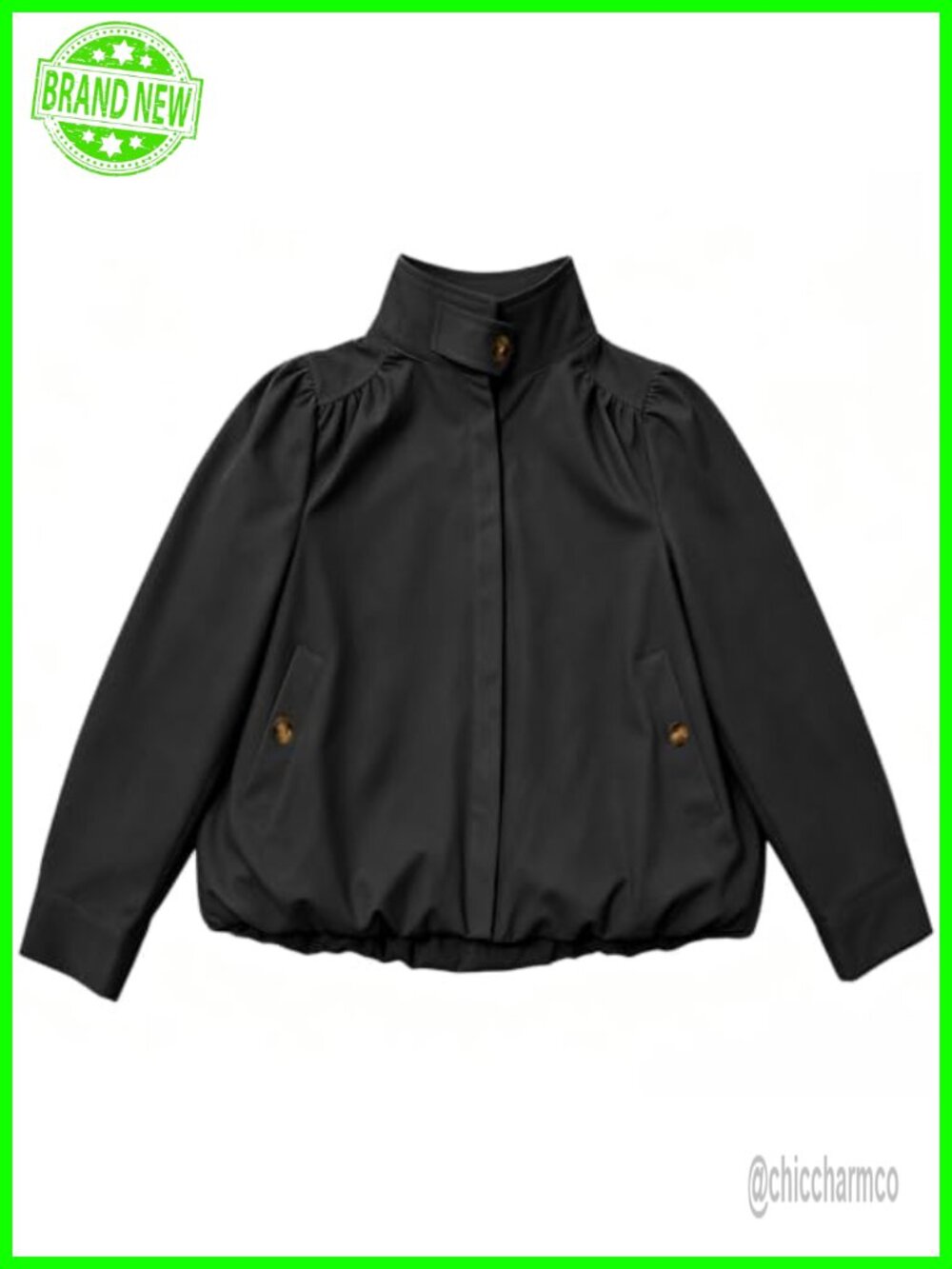 Womens Cropped Bubble Hem Bomber Jacket Lightweight High Collar Puff Sleeve